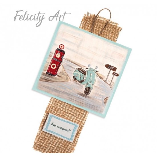 Μπομπονιέρα Βάπτισης Ξύλινο Διακοσμητικό Κρεμαστό Καδράκι με Θέμα Βέσπα