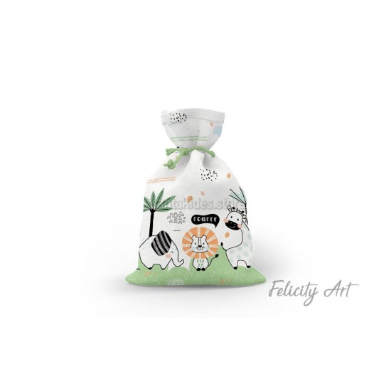 Μπομπονιέρα Βάπτισης Υφασμάτινο Πουγκί με Θέμα "Ζωάκια της Ζούγκλας "