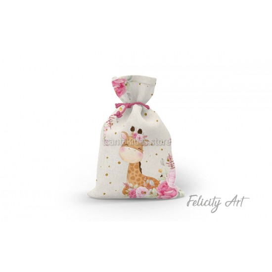 Μπομπονιέρα Βάπτισης Υφασμάτινο Πουγκί με Θέμα " Καμηλοπάρδαλη"