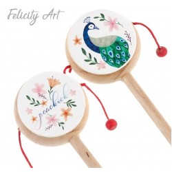 Μπομπονιέρα Βάπτισης Ξύλινο Τυμπανάκι με Θέμα Παγώνι