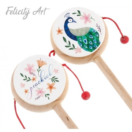 Μπομπονιέρα Βάπτισης Ξύλινο Τυμπανάκι με Θέμα Παγώνι