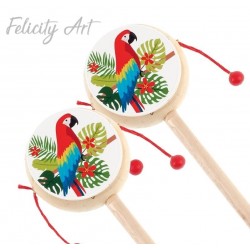 Μπομπονιέρα Βάπτισης Ξύλινο Τυμπανάκι με  Θέμα Παπαγάλος