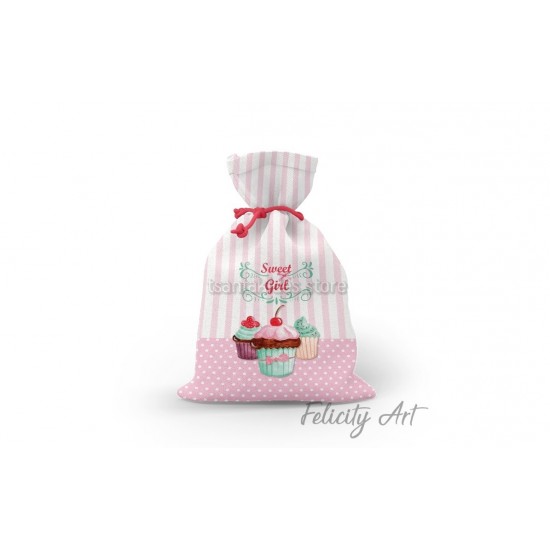Μπομπονιέρα Βάπτισης Υφασμάτινο Πουγκί με Θέμα "Cup Cakes"