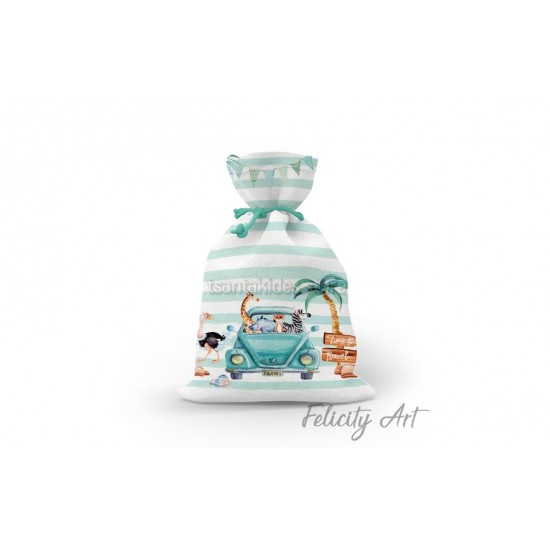 Μπομπονιέρα Βάπτισης Υφασμάτινο Πουγκί με Θέμα "Ζωάκια της Ζούγκλας"