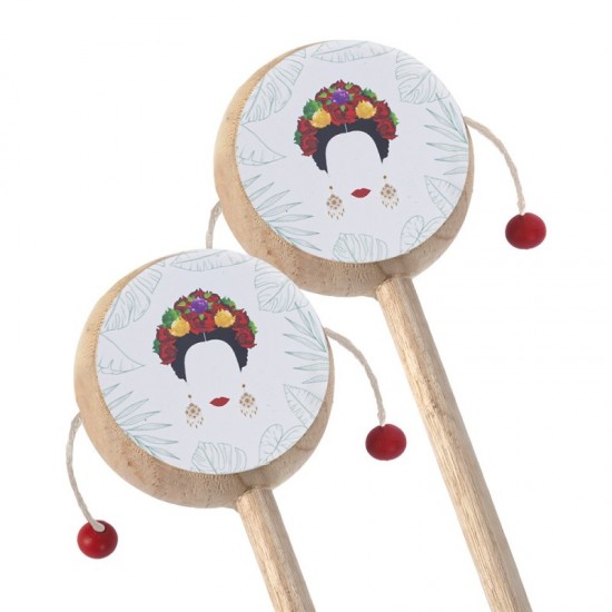 Μπομπονιέρα Βάπτισης Ξύλινο Τυμπανάκι με  Θέμα Frida Kahlo