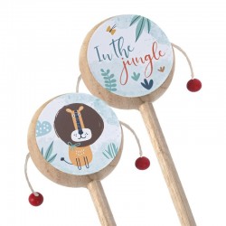 Μπομπονιέρα Βάπτισης Ξύλινο Τυμπανάκι με  Θέμα Ζωάκια της Ζούγκλας