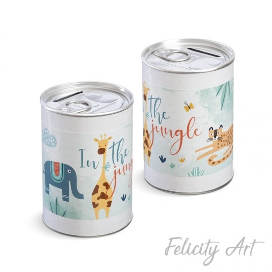 Μπομπονιέρα Βάπτισης Μεταλλικός Κουμπαράς με Θέμα Ζώα της Ζούγκλας