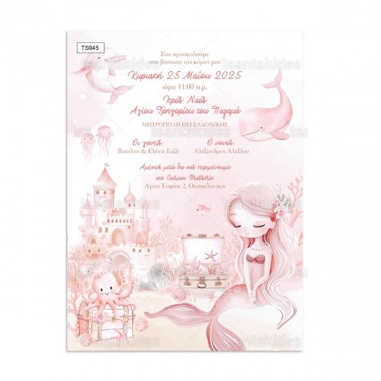 Προσκλητήριο Βάπτισης για Κορίτσι με Θέμα " Γοργόνα "