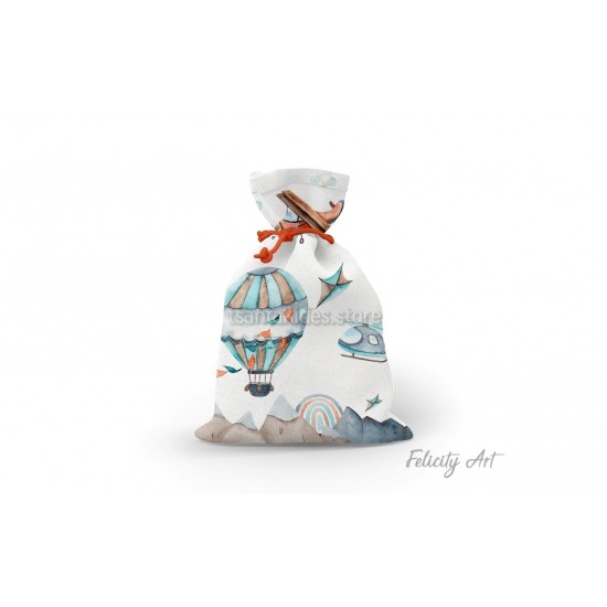 Μπομπονιέρα Βάπτισης Υφασμάτινο Πουγκί με Θέμα "Αερόστατο"
