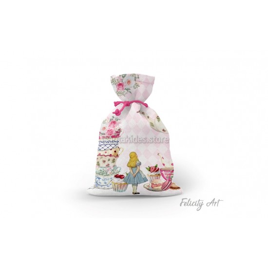 Μπομπονιέρα Βάπτισης Υφασμάτινο Πουγκί με Θέμα "Alice Teapot & Candies"