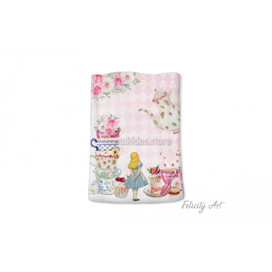 Μπομπονιέρα Βάπτισης Υφασμάτινο Πουγκί με Θέμα "Alice Teapot & Candies"