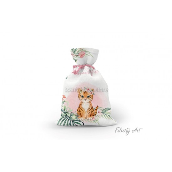 Μπομπονιέρα Βάπτισης Υφασμάτινο Πουγκί με Θέμα "Baby Girl Tiger"