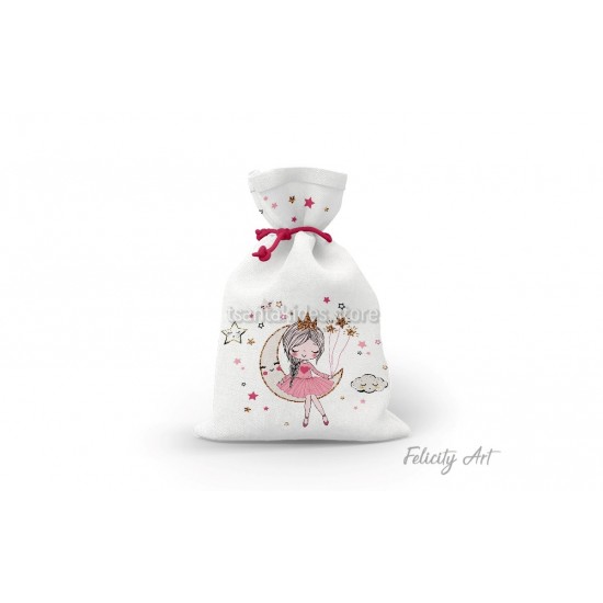 Μπομπονιέρα Βάπτισης Υφασμάτινο Πουγκί με Θέμα "Girl On The Moon"