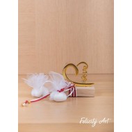 Μπομπονιέρα γάμου Μεταλλική Καρδία πάνω σε Βάση από  Φυσικό ξύλο 